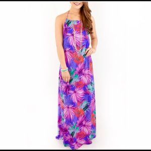 Buddy Love Carly Tropical Palm Tree Maxi Dress M Halter Neck Open Back